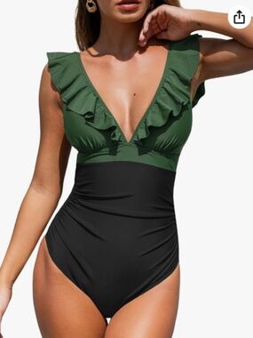 NWT CUPSHE v neck one piece swimsuit Ruffle lace up size Small Green Black